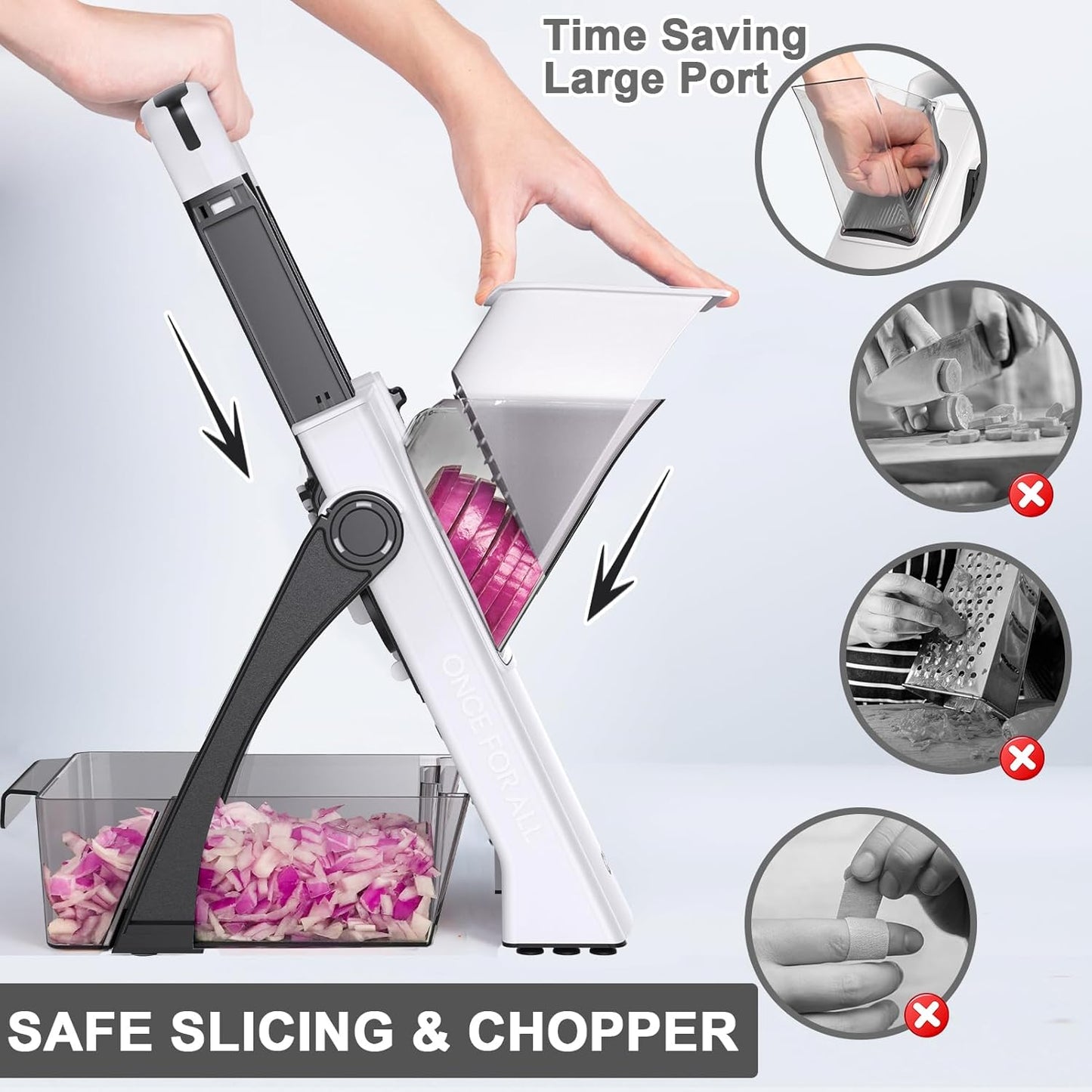 Upgrade Safe Mandoline Slicer for Kitchen, Vegetable Chopper Slicer, Potato Slicer Thickness Adjuster, French Fry Cutter, Veggie Onion Dicer Faster Kitchen Mandolin for Meal Prep (White)