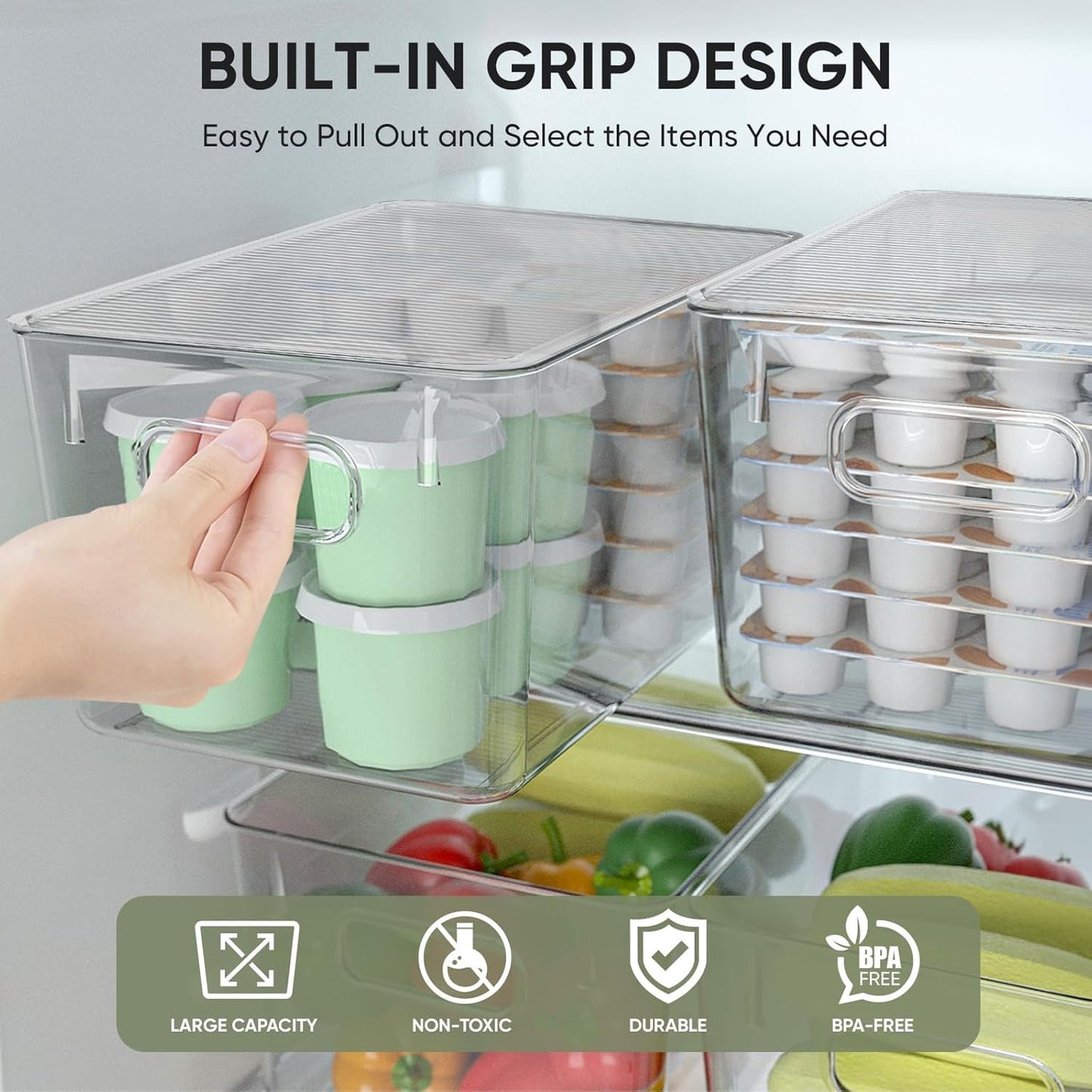 BALEINE Clear Stackable Storage Bins with Lids, Plastic Containers with Handle for Pantry Organizers and Storage, Plastic Bins for Fridge, Kitchen, Bathroom, Cabinet (10x6x5, 6PK)