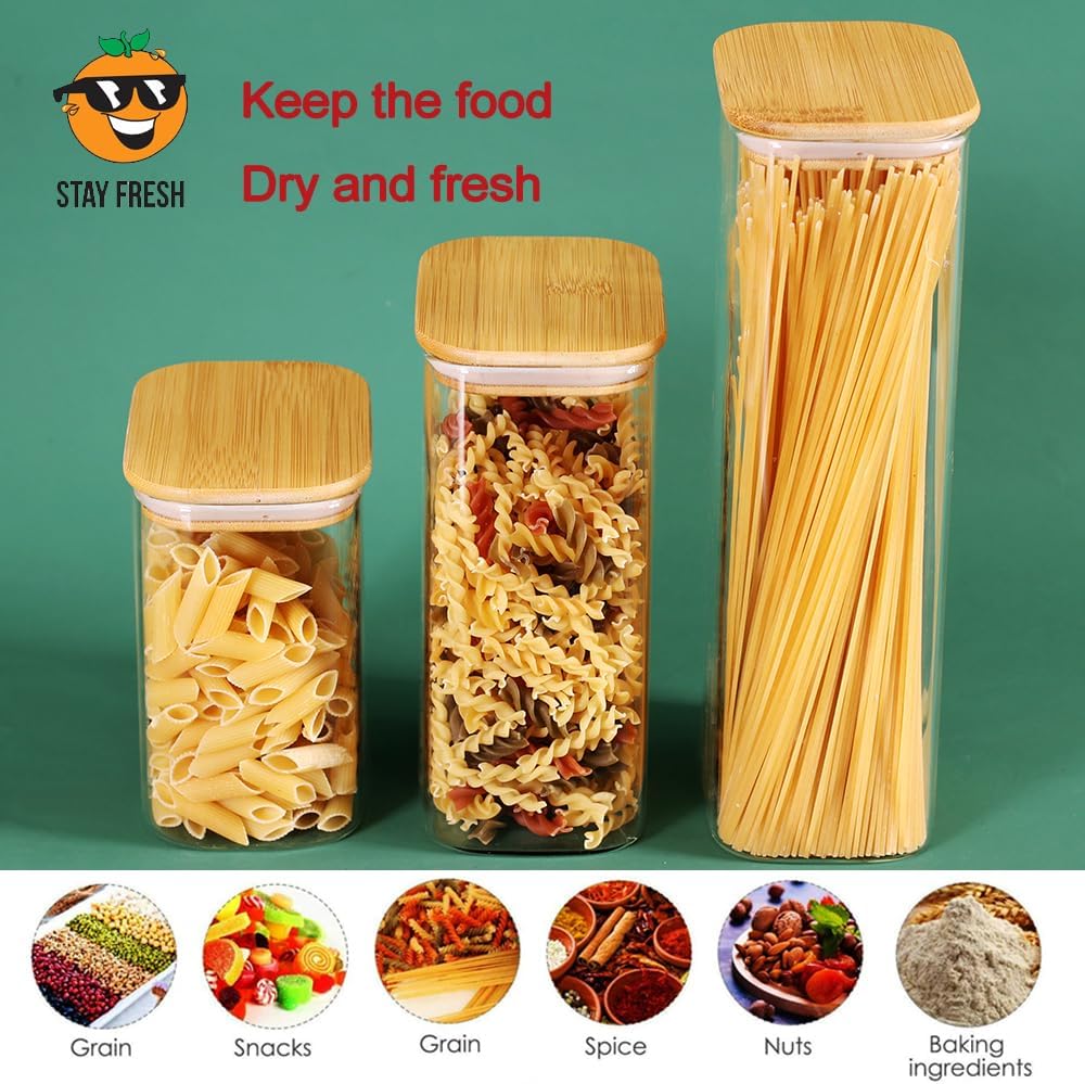 68oz Glass Storage Containers Set of 3 with Lids, Ideal for Pasta, Pickles, Rice, Chia Pudding, Coffee, Spices, Snacks - Tall Jars, Yogurt & Meal Prep Containers for Kitchen Organization