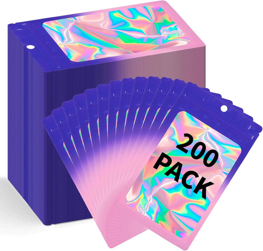 200 Pack Resealable Mylar Holographic Bags Food Storage Smell Proof Bags with Front Window Foil Packaging Pouch for Candy Sample Jewelry Small Business 2.95×4.72 Inch, Blue Fade Purple