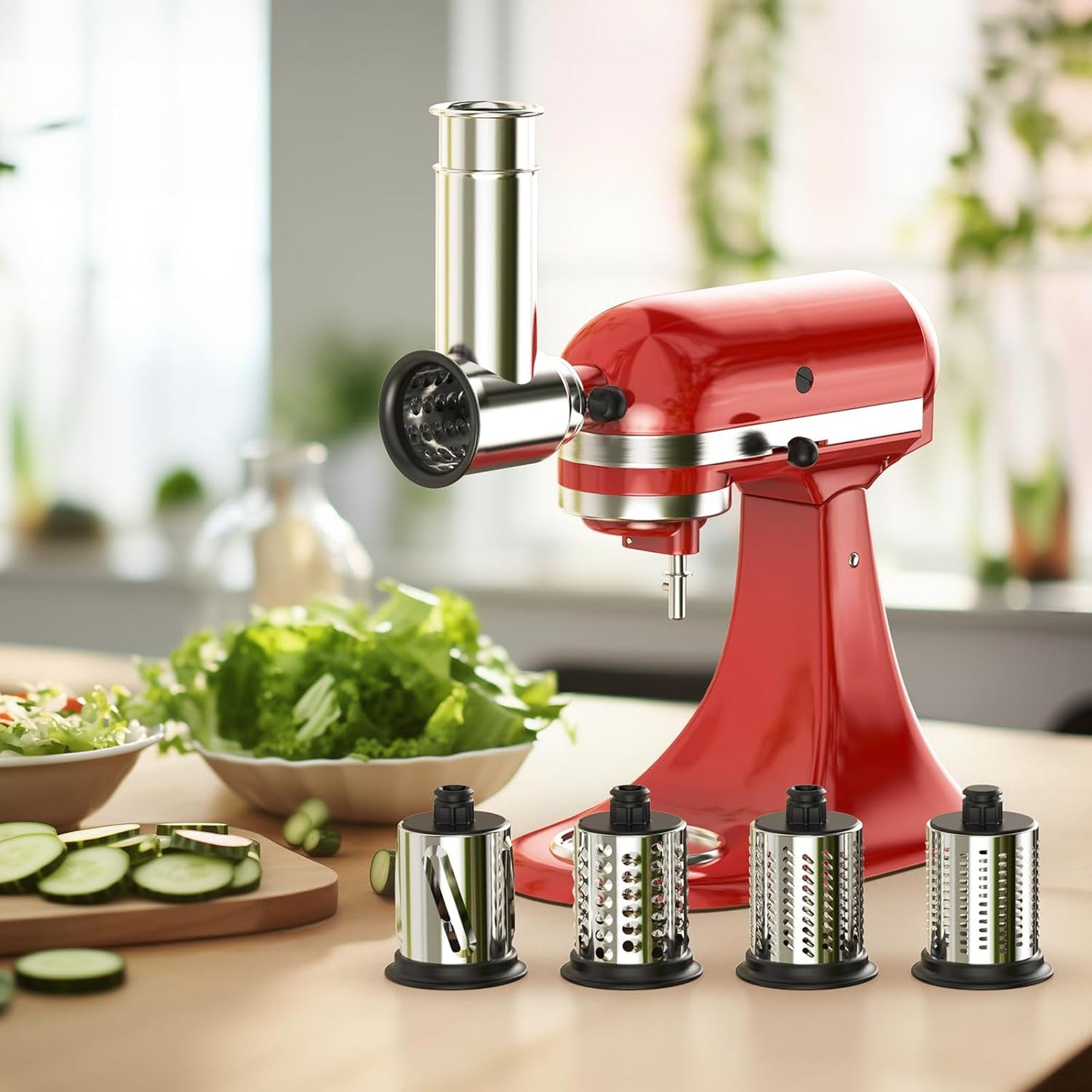 Stainless Steel Slicer Shredder Attachment for KitchenAid Stand Mixer, Cheese Grater Attachment for Kitchenaid, Grinding Powder, Salad Maker with 4 Blades, Attachment for Kitchenaid Mixers