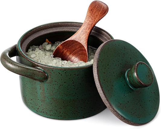 Honeydak Speckled Ceramic Salt Cellar with Lid and Wooden Spoon, Rustic Farmhouse Salt Pepper Cellar Holder for Housewarming Gift, Heavyweight Spices Jar for Kosher, Sea, Sugar (Dark Blue)