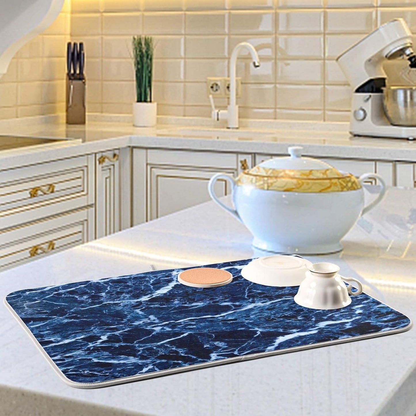 Super Absorbent Dish Drying Mat, Microfiber Fast-Drying Dish Mat, 16" x 18, Kitchen Dish Drying Pad, Navy Blue Marble…