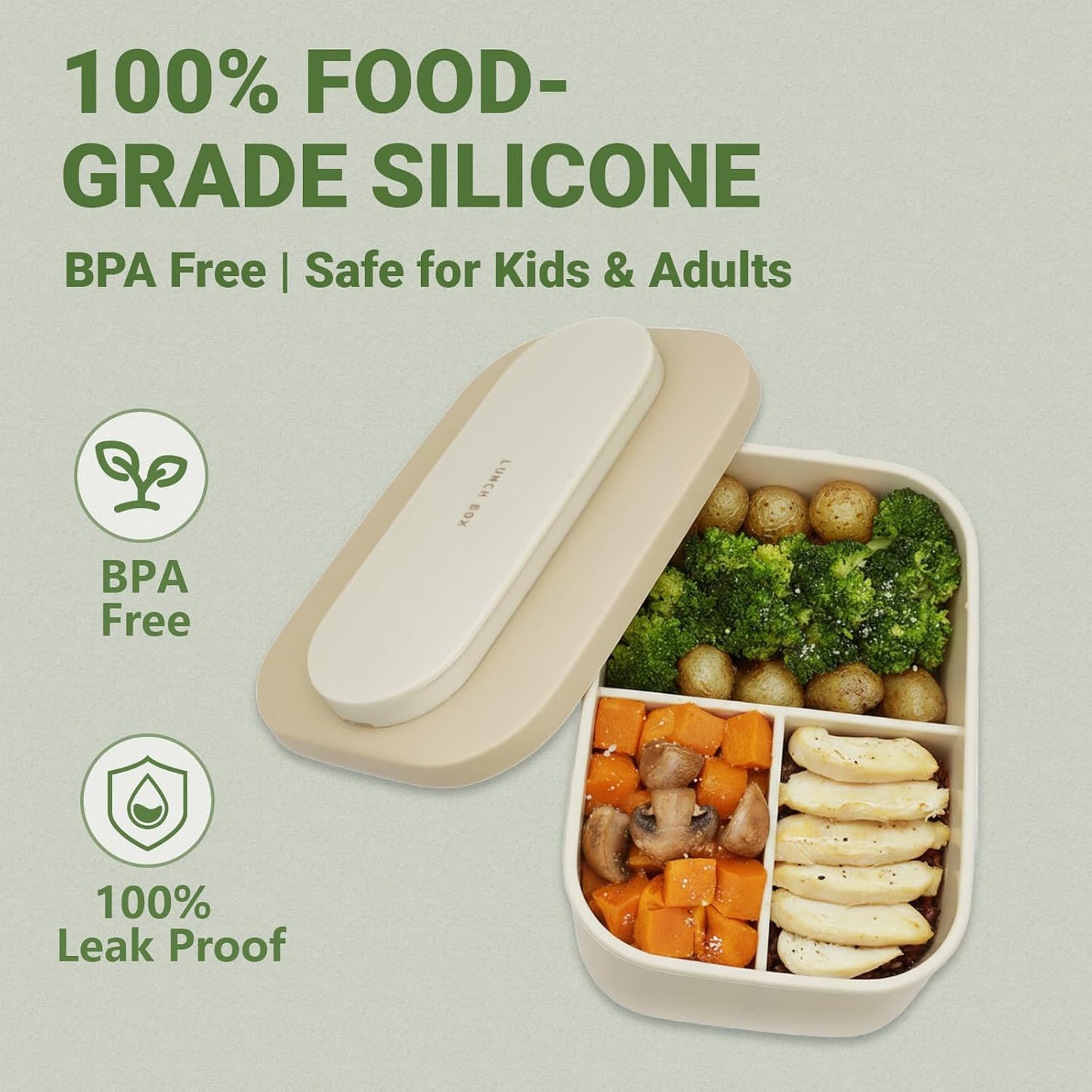 Silicone Bento Box Lunch Box for Adults, Lunch Food Container with 3 Compartment, BPA-Free and Leakproof, Microwave & Dishwasher Safe (Green)