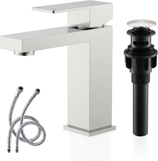 KENES Single Handle Bathroom Sink Faucet, Brushed Nickel Vanity Faucet for Bathroom Sink, with Pop Up Drain Stopper & Water Supply Lines LJ-9031