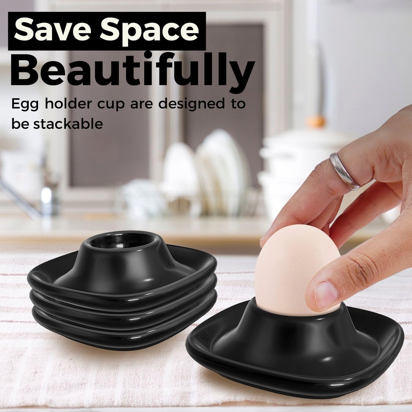 Flexzion Egg Cups for Soft Boiled Eggs - Set of 6 Ceramic Egg Holder - Stackable Egg Coddler Cups with Base for Serving, Breakfast, Brunch - Kitchen Table Decor, Black