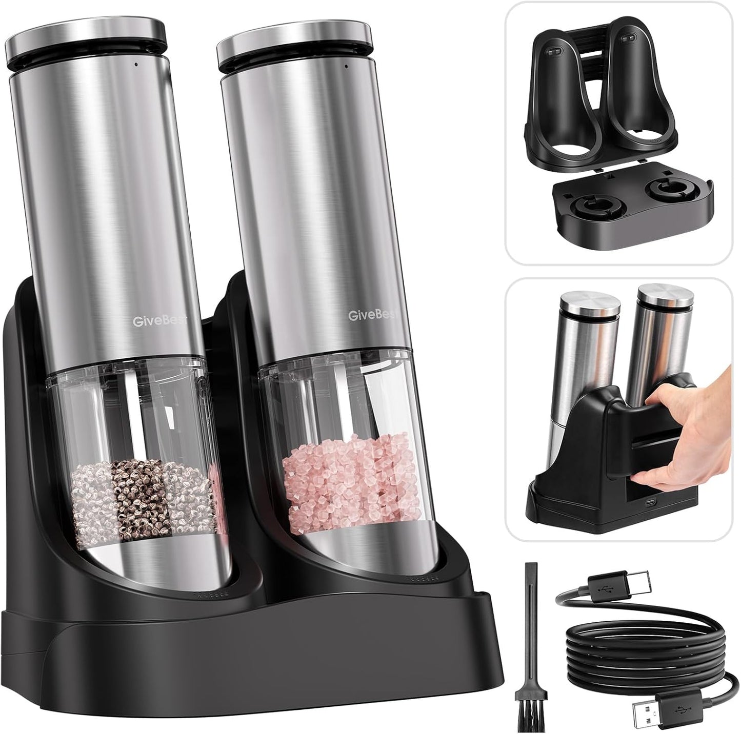 GiveBest Electric Salt and Pepper Grinder Set with Easy-to-Carry Charging Base and LED Light, Automatic Salt and Pepper Grinder Set, Adjustable Coarseness, USB Rechargeable, Washable Container