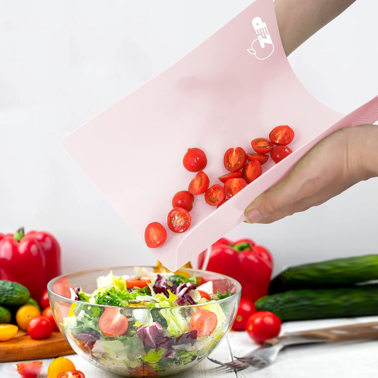 ZVP Flexible Plastic Cutting Board Set of 5 Gradient Color, Colorful Chopping Boards, BPA Free Mats, Non Slip, Dishwasher Safe, 15x12 Inch, Pink Multi-Color