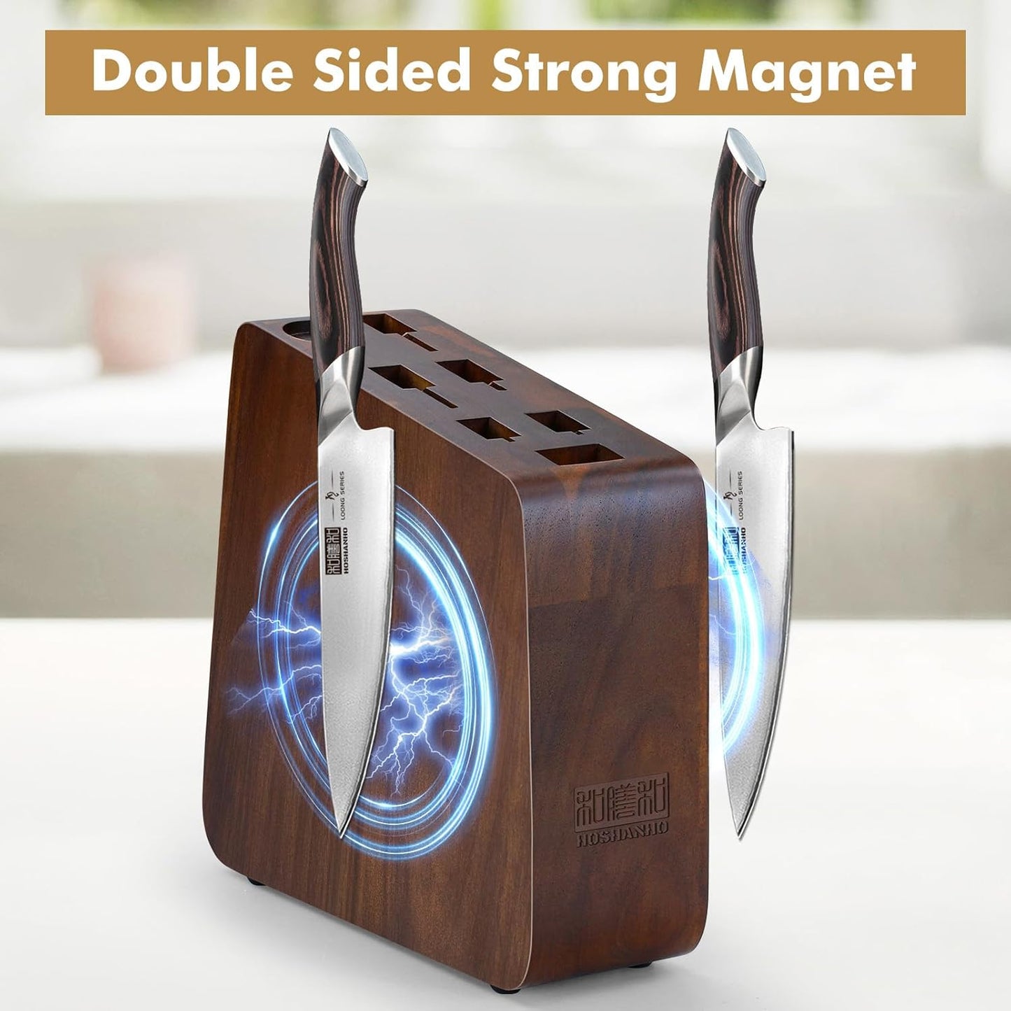 HOSHANHO Magnetic Knife Block 10 x 9 Inches, Double Sided Magnetic Knife Holder and Kitchen Knife Organizer Storage, 7 Slots Acacia Wood Universal Knife Block for Chefs