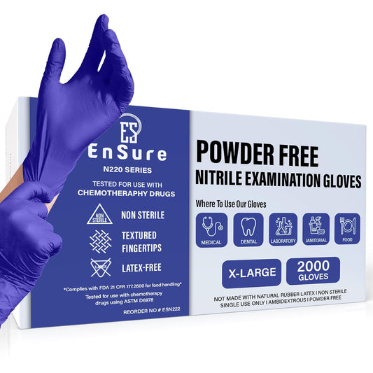 EnSure Nitrile Exam Gloves, Powder-Free, Latex-Free, Chemo Rated, Non-Sterile, Light Duty, Textured Tips, Medical, Surgical, Food Safe, Cleaning, Dental, Lab Use - 3 Mil (X-Large, 2000 Count)