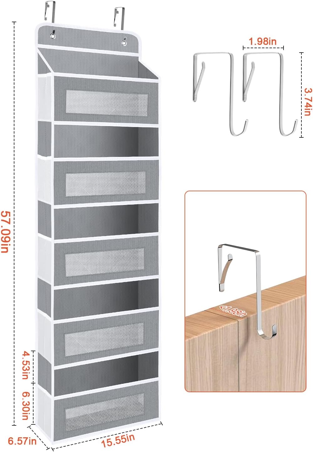 2 Pack Over The Door Organizer Storage, 5 Shelf Hanging Door Organizer with 10 Large Capacity Pockets, Anti Tilt 44 lb Load Behind Door Storage for Bedroom, Bathroom, Pantry, Nursery, (Grey)
