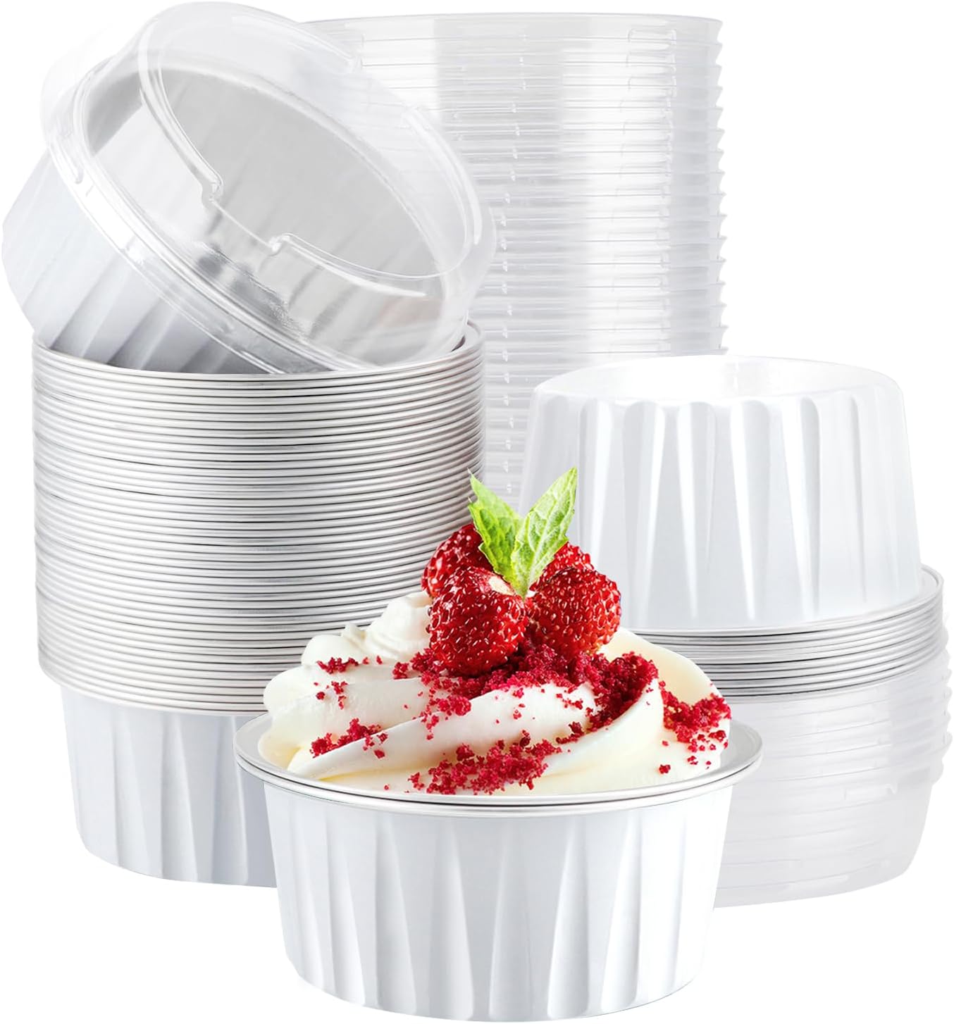 EUSOAR Aluminum Baking Cups, 60pcs 5oz Disposable Mini Foil Cupcake Liners Ramekins Cups with Lids for Baking, Aluminum Dessert Cheesecake Creme Brulee Cups Pan Containers for Oven-White