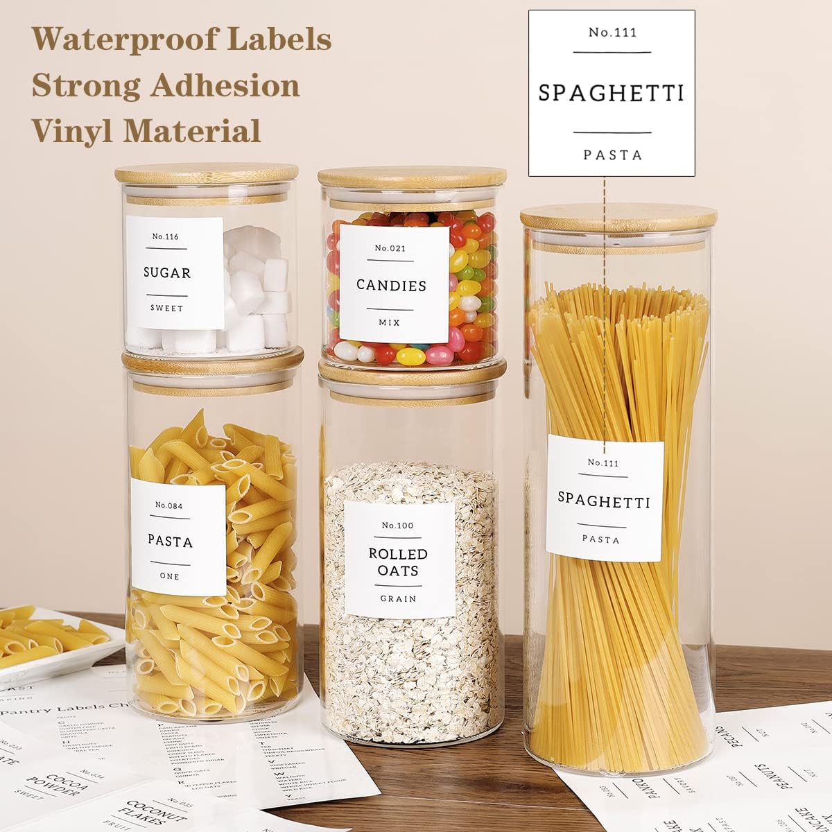 5 Pcs Glass Food Storage Containers With 132 Pantry Labels Preprinted - Thicken(3mm) Jars Airtight Bamboo Lid Stackable Kitchen Canisters Set For Candy, Cookie, Rice, Sugar, Flour