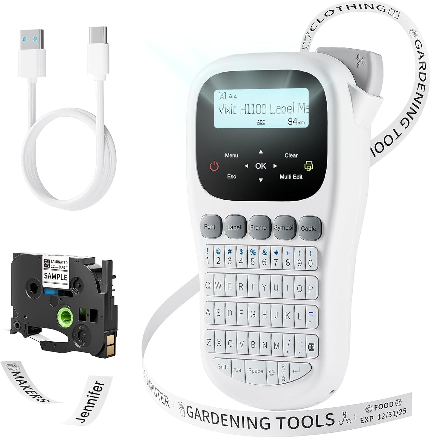Label Maker, H1100 Label Maker Machine with-Tape, Portable Label Machine with Backlight Screen, Handheld Labeler Includes USB-C for Power, Multiple Font Icon for School Office Organization