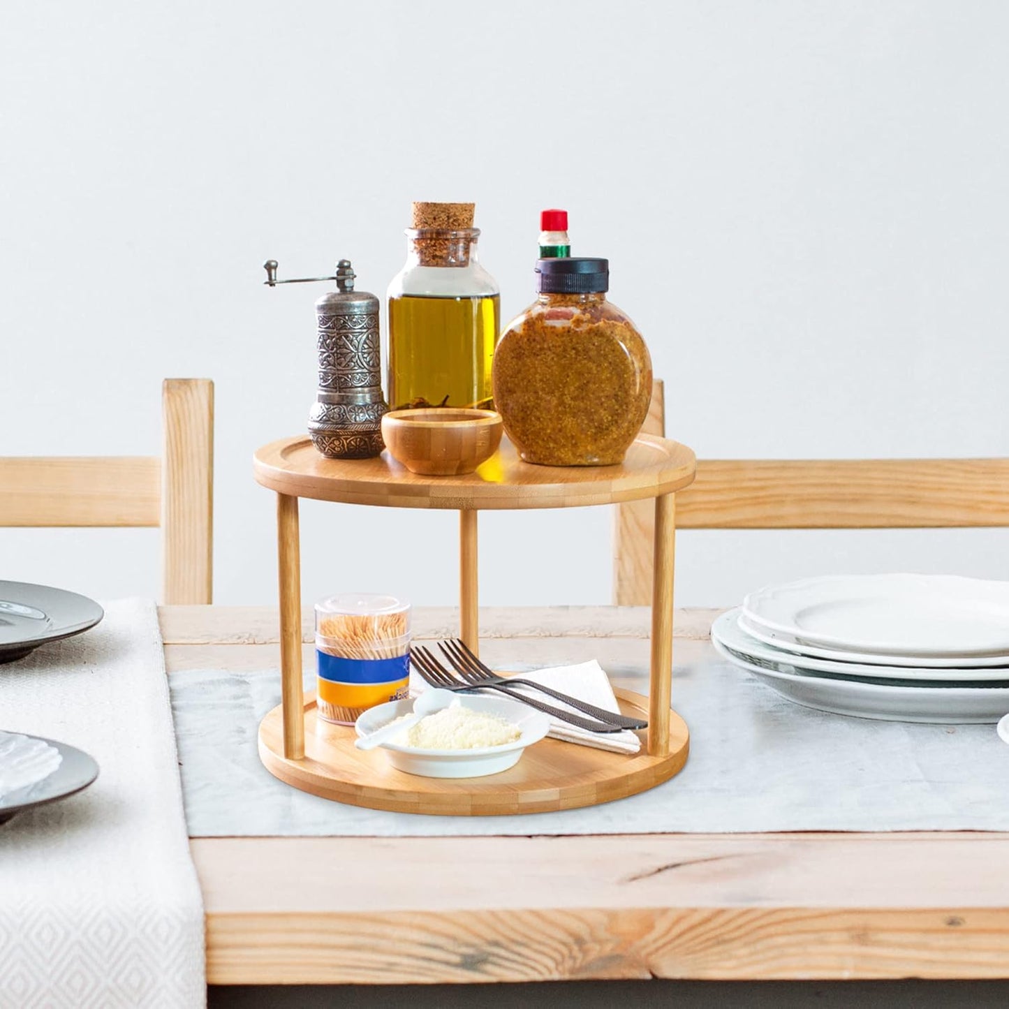 TB Home Two-Tier Bamboo Wood Lazy Susan Organizer Kitchen Turntable for Cabinet, Table or Pantry Organization
