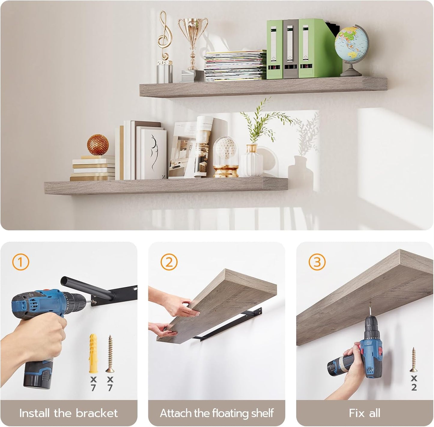 HOOBRO Floating Shelves, Wall Shelf Set of 2, 23.6 Inch Hanging Shelf with Invisible Brackets, for Wall Decor in Bathroom, Bedroom, Toilet, Kitchen, Living Room, Office, Greige BG60BJ01G1