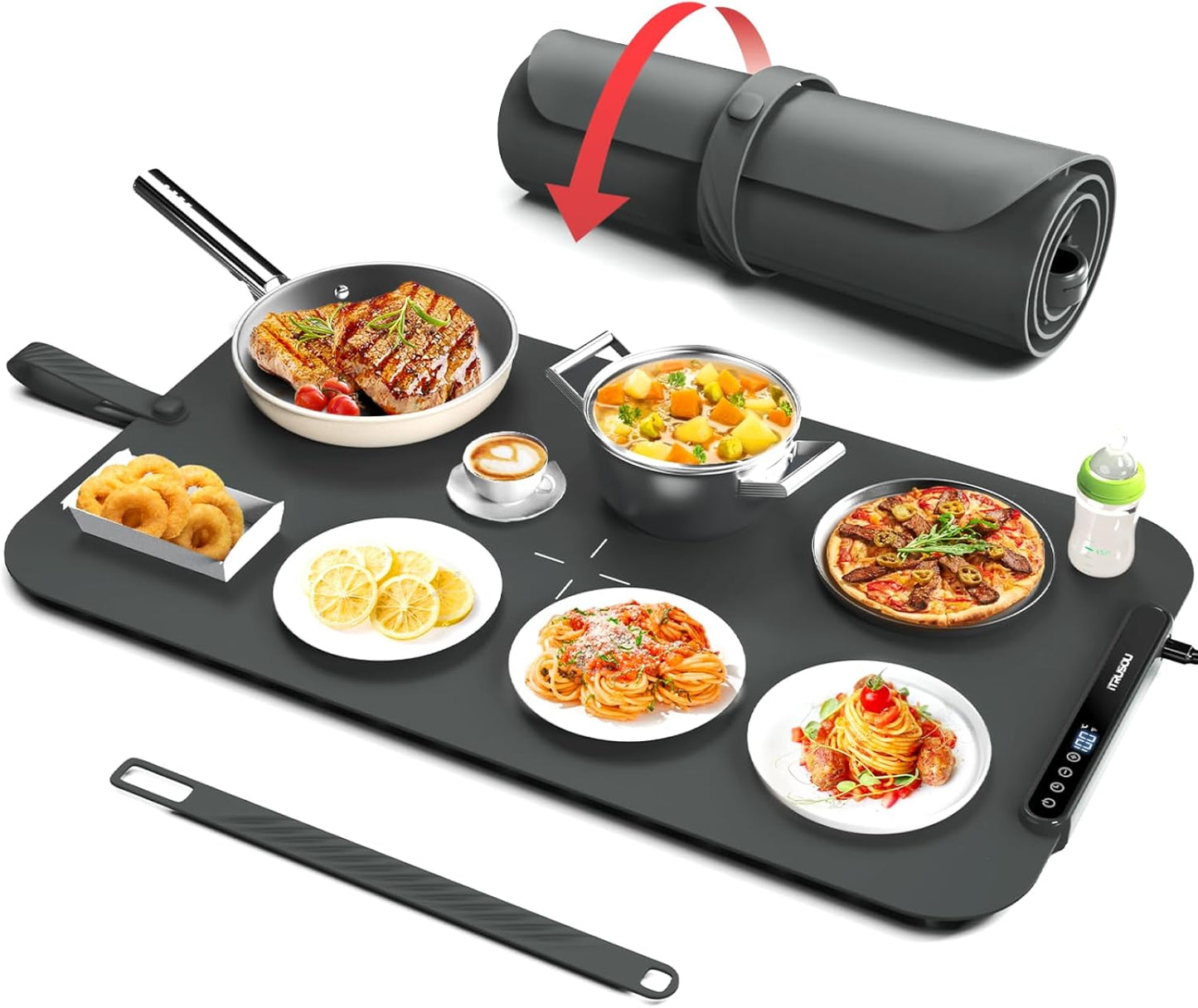 Food Warming Mat, iTRUSOU 27.5x16'' Electric Warming Tray with 7 Temp-Settings, Switchable Fahrenheit/Celsius, 99h Timer, Foldable Food Warmer Keep Food Warm at Buffet, Party, Sabbath, Daily Use