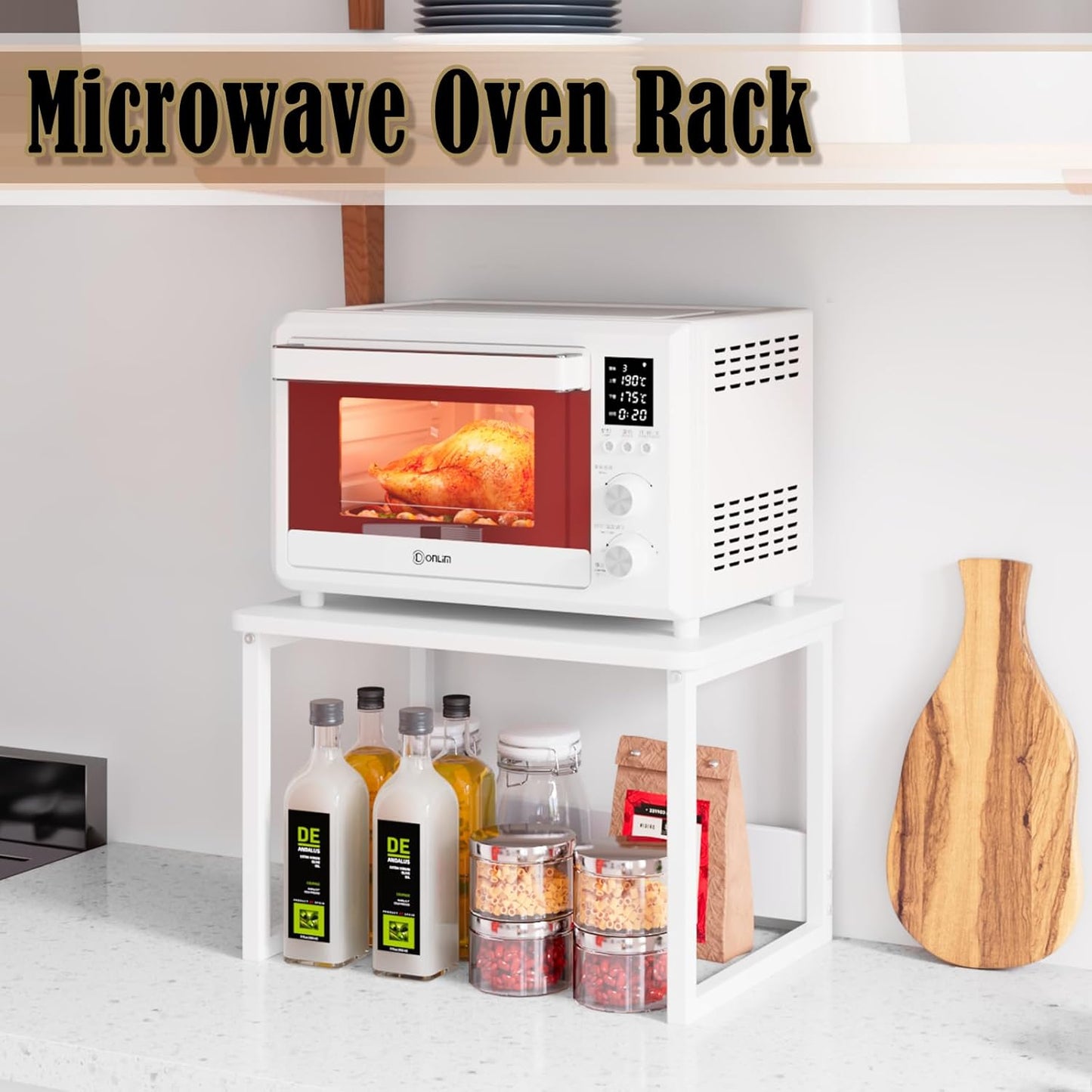 MARTY Kitchen Countertop Organizer Cabinet Shelf, 17x12.4 Large Spice Racks Counter Shelf Microwave Oven Rack Desktop Storage Organization for Kitchen, Office, Metal & Wood, White