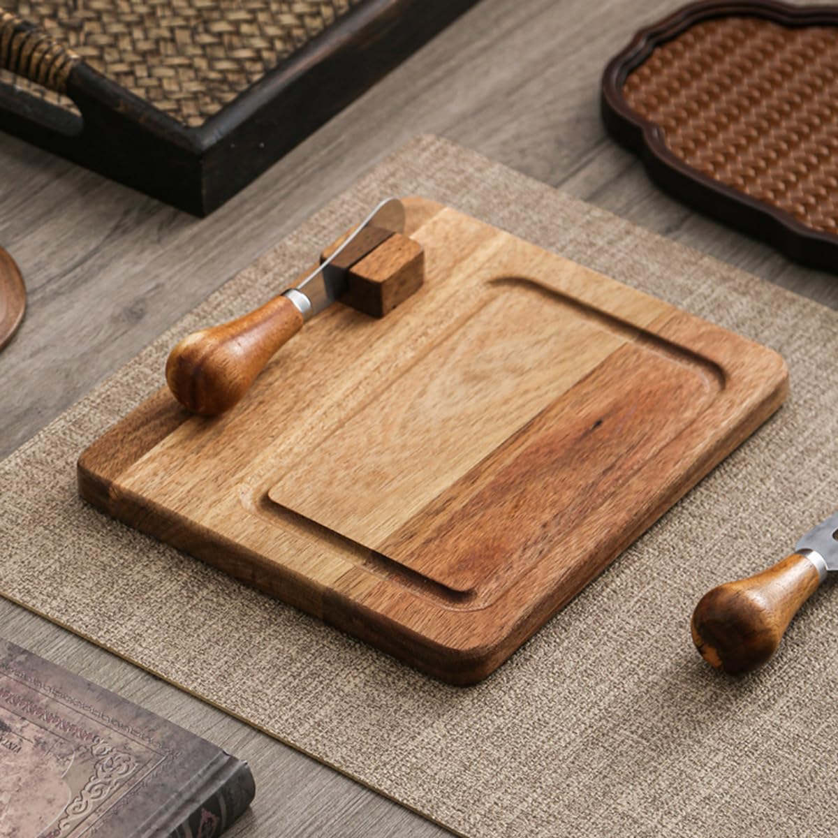 Acacia Wood Butter Dish with Knife and Glass Cover for Cheese, Butter, Cake, Dessert Serving Tray Elegant Kitchenware (1 knife)
