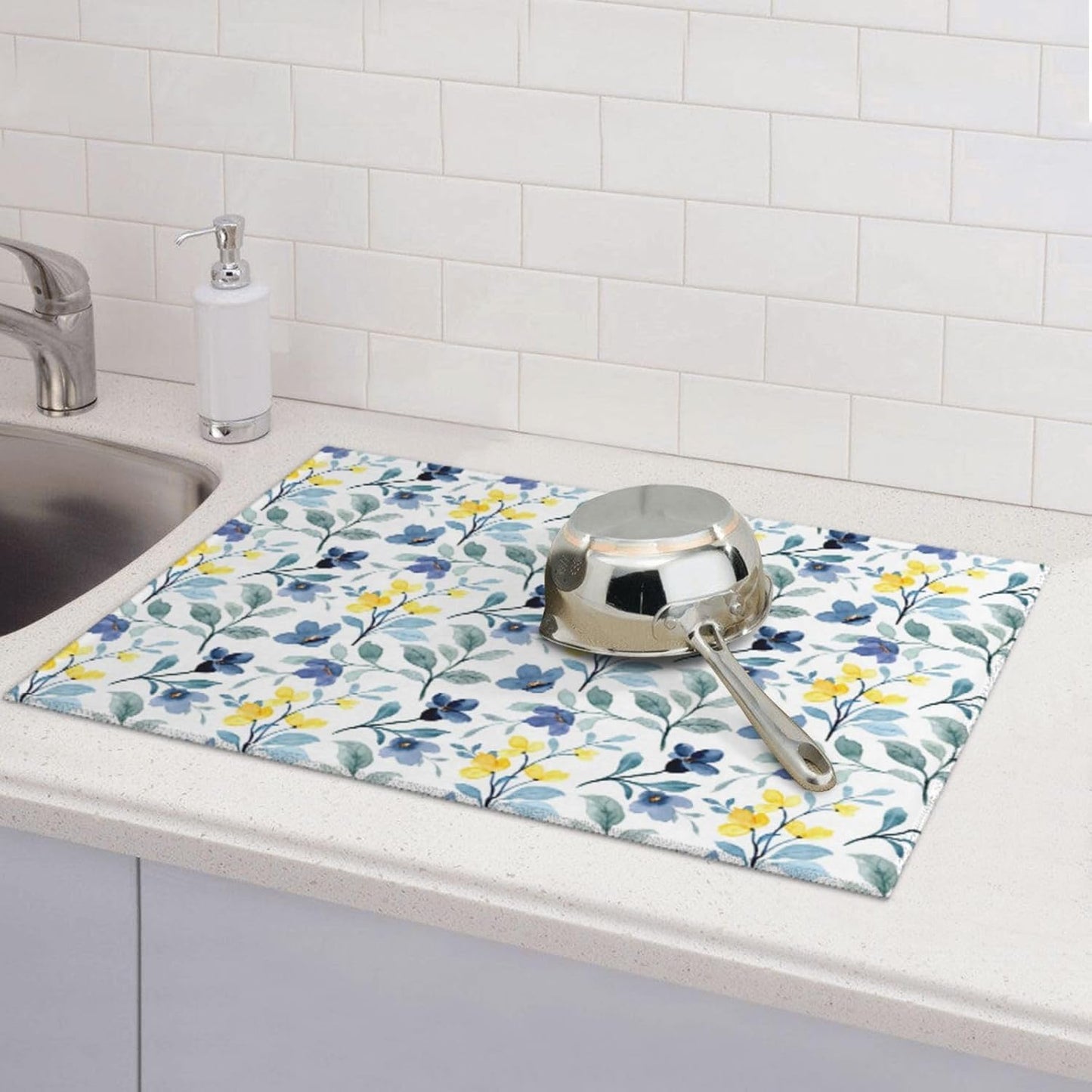 Floral Dish Drying Mat 18x24 for Kitchen Counter, Blue Yellow Flower Decorative Absorbent Coffee Mat Dish Drying Pad Coffee Bar Dish Drainer Rack Mat Drainer Mat
