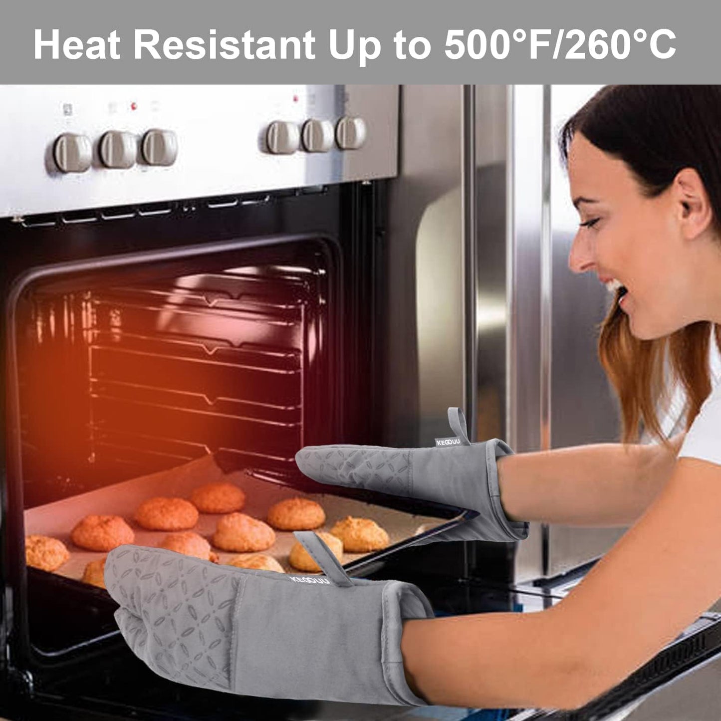 KEGOUU Oven Mitts and Pot Holders 6pcs Set, Kitchen Oven Glove High Heat Resistant 500 Degree Extra Long Oven Mitts and Potholder with Non-Slip Silicone Surface for Cooking (Light Gary)