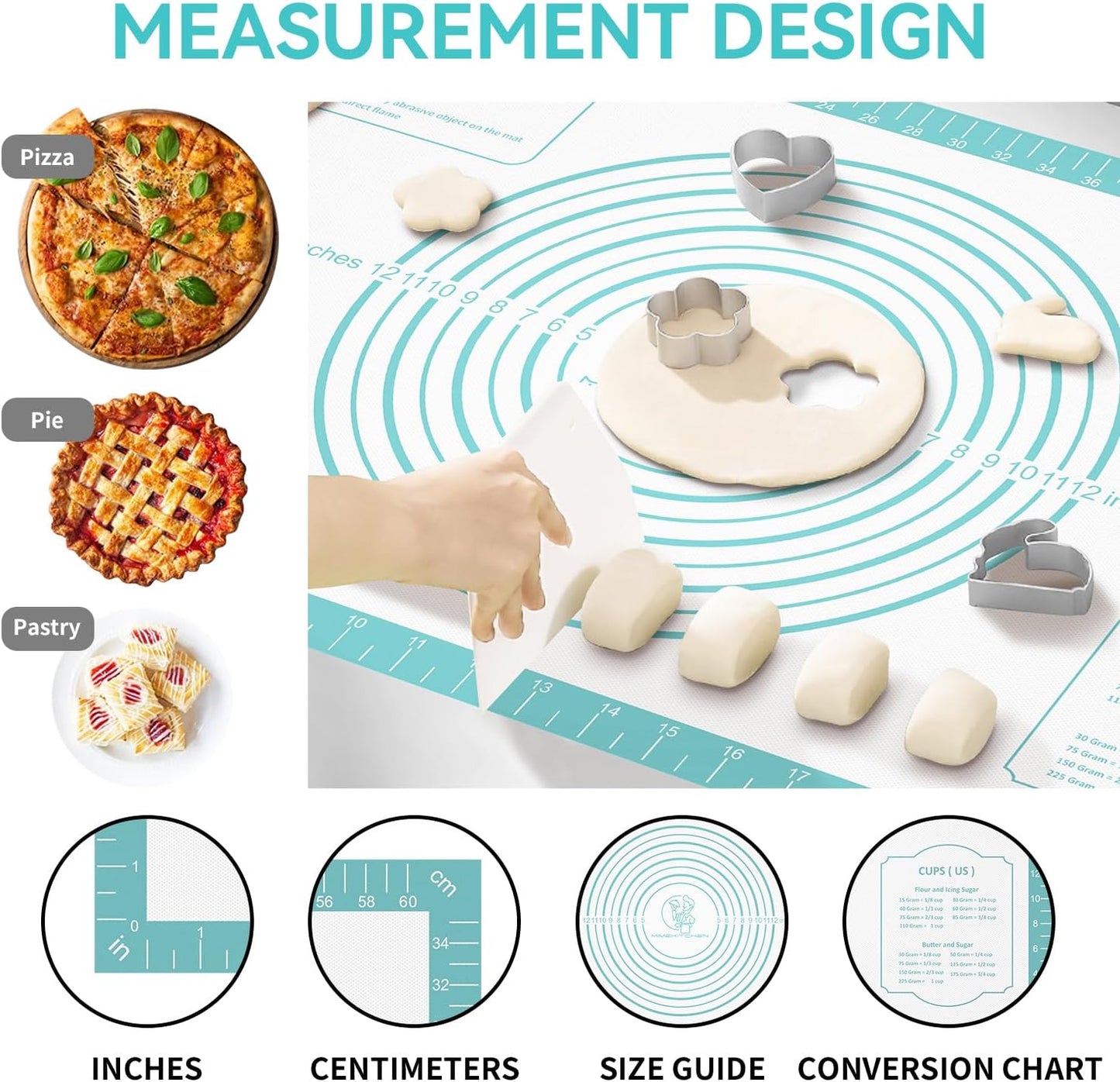 Silicone Pastry Mat for Dough Rolling, Silicone Baking Mat with Measurement, Nonslip Fondant/Pie Crust Mat for Making Cookies Macarons Baking Tools 32 x 24 Inch