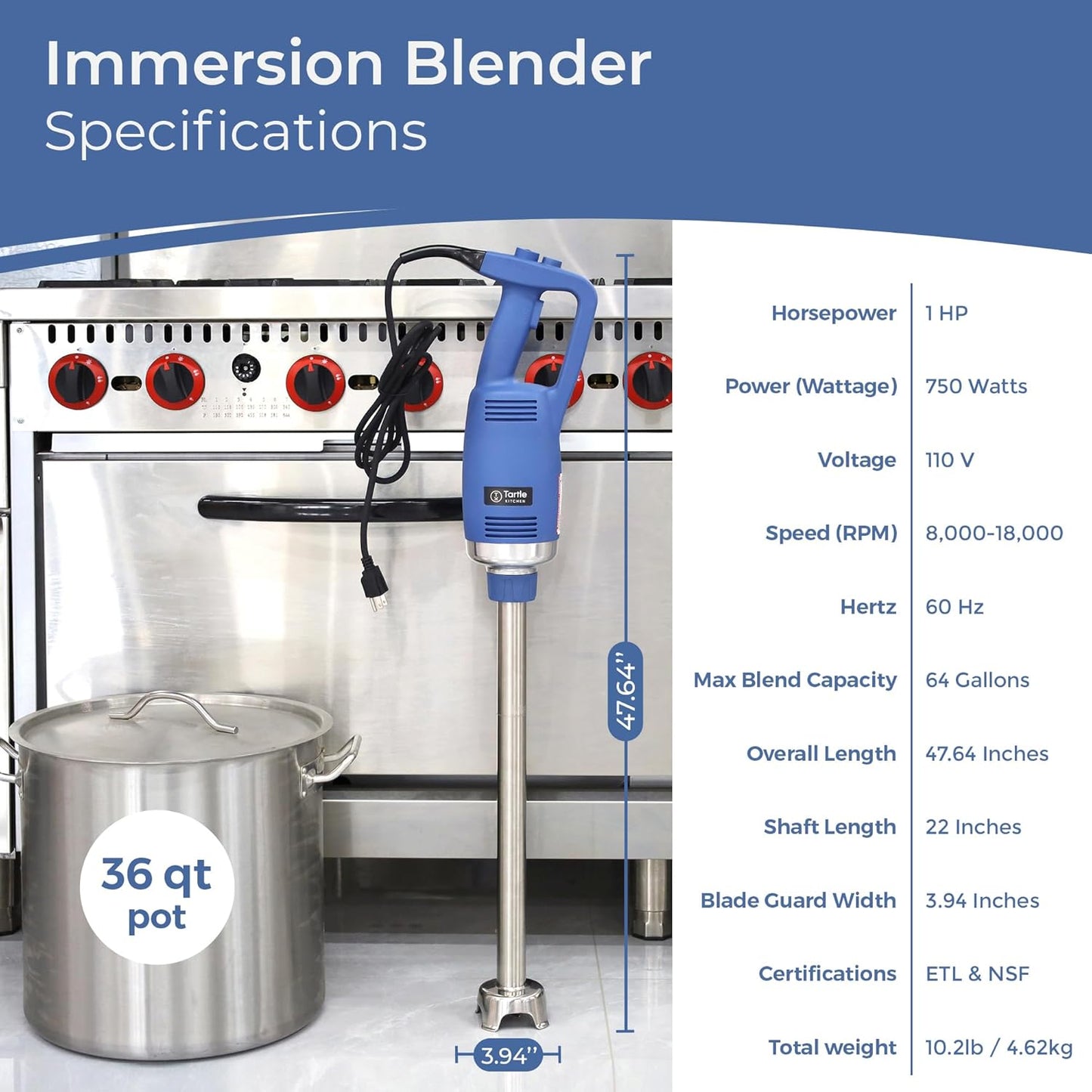 TK Commercial Immersion Blender, 750 Watt/1 HP Variable Speed Motor, 20,000 RPM X-Heavy Duty with Performance Assurance - 22"