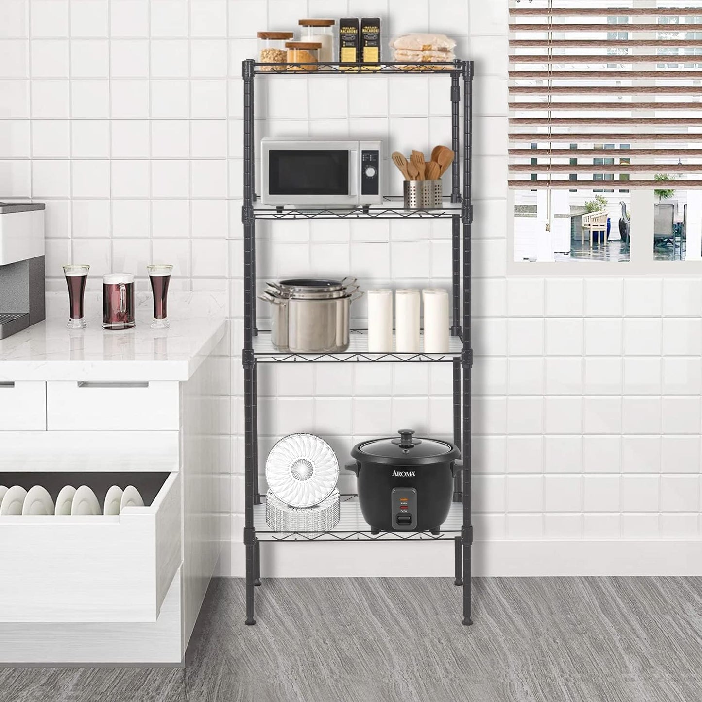 FDW 18L x 12W x 44H Wire Shelves Metal Shelf with 4 PP Sheets Storage Shelves 4 Tier Layer Storage Shelves for Laundry Bathroom Kitchen Garage,Black
