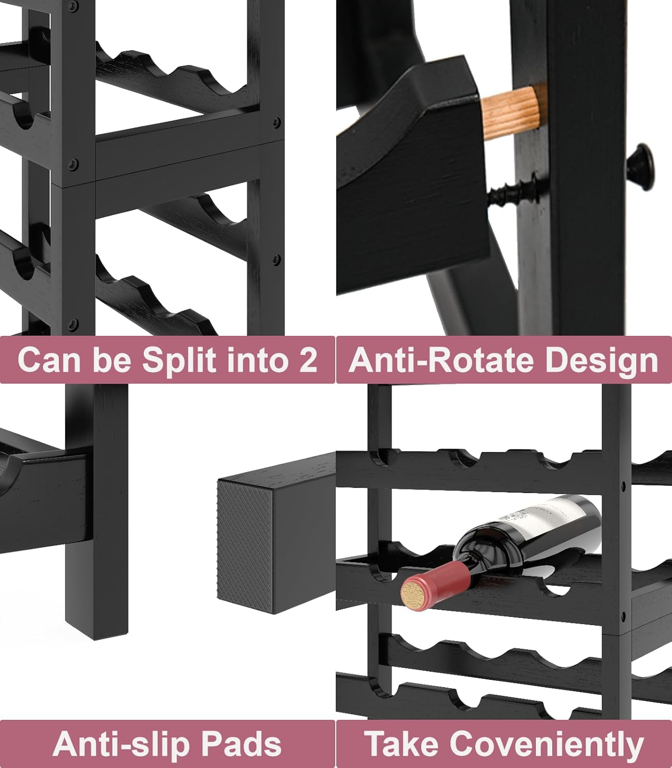 6 Tier Wine Rack Freestanding Floor, 24 Bottles Wine Storage Shelves with Table Top, Stackable Wine Display Rack for Kitchen, Bar, Dining Room, Natural Bamboo Finish