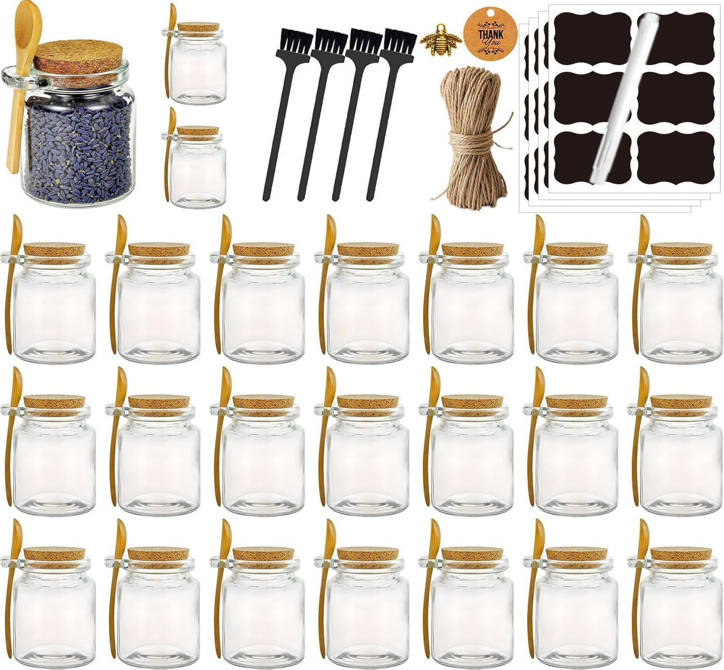 Ahhute Glass Sugar Scrubs Jars, Bath Salt Container, Canning Spice Jar with Bamboo Spoon, Honey Scrubs Body Butter Jars w/Cork, Labels and Cleaning Brush, 8oz 24 Pack