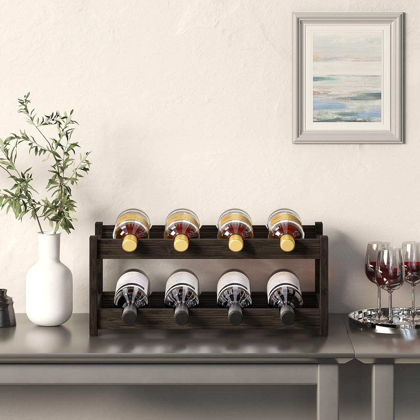 BAMEOS Wine Rack Freestanding 2 Tier 8 Bottle Bamboo Wine Racks Countertop Cabinet Wine Holder Wine Storage Shelf for, Bar, Pantry Wine Cellar Basement Countertop Mocha (16.85 L x 9.25W x 7H