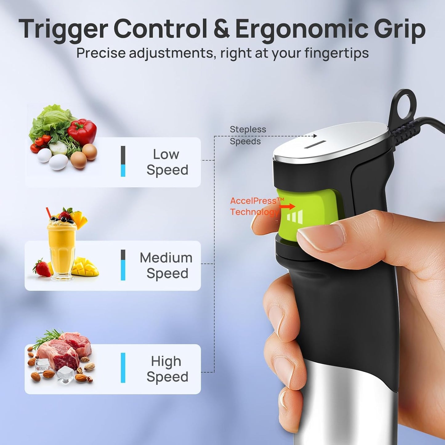 Consciot 4-in-1 Immersion Blender Handheld Max 1100W, Corded Stick Emulsifier with Entire Stainless Steel Blender Shaft, Trigger Speed Control, For Blending, Beating, Frothing, Mixing & More, Non-BPA