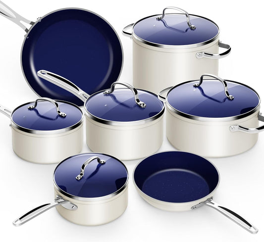 Nuwave 12pc Forged Lightweight Cookware Set, G10 Healthy Duralon Ceramic Ultra Non-Stick Coating, Vented Tempered Glass Lids, Stay-Cool Handles, Induction-Ready & Works on All Cooktops, PFAS Free