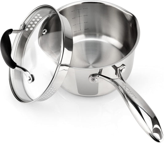 AVACRAFT Stainless Steel Saucepan with Glass Strainer Lid, Two Side Spouts for Easy Pour with Ergonomic Handle, Multipurpose Sauce Pot (5-Ply Capsule Bottom, 2.5 Quart)
