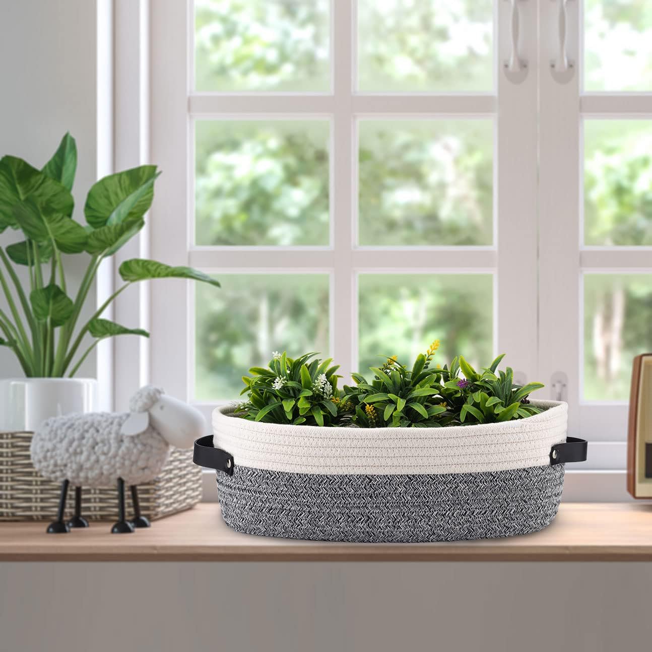 Small Cotton Rope Woven Basket Toilet Paper Baskets for Organizing Decorative Basket for Boho Decor Small Storage Basket 13"x5.9"x4" Variegated Gray&White