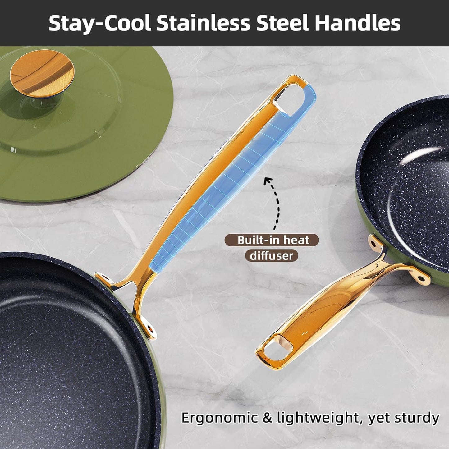 Nuwave Lux LE 13-Pc Cookware Set with Elegant Gold Handle, Diamond Infused Ceramic Non-Stick, PFAS Free, Premium Metal Lids, Ergonomic Stay-Cool Handles, Induction Ready & Compatible w/All Cooktops