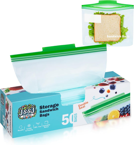 J&&J Fresh Sandwich Zipper Bags, 50 Pack — Reusable, BPA-Free, Leakproof — Expandable Bottom, Microwave-Safe, Strong Seal with Zipper Lock — Food Storage For Freezer, Fridge, Lunch, Durable & Washable