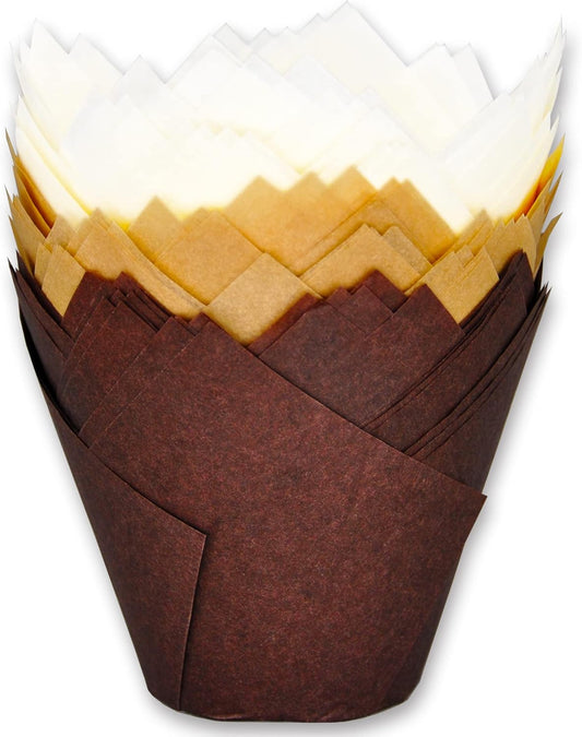 (JUMBO EXTRA LARGE size) Natural+Brown+White Tulip Baking Cups 2-1/4"(Base diameter) x 3-3/4"(Wall height) Greaseproof paper baking cupcake Muffin liners, Case of 130 pcs