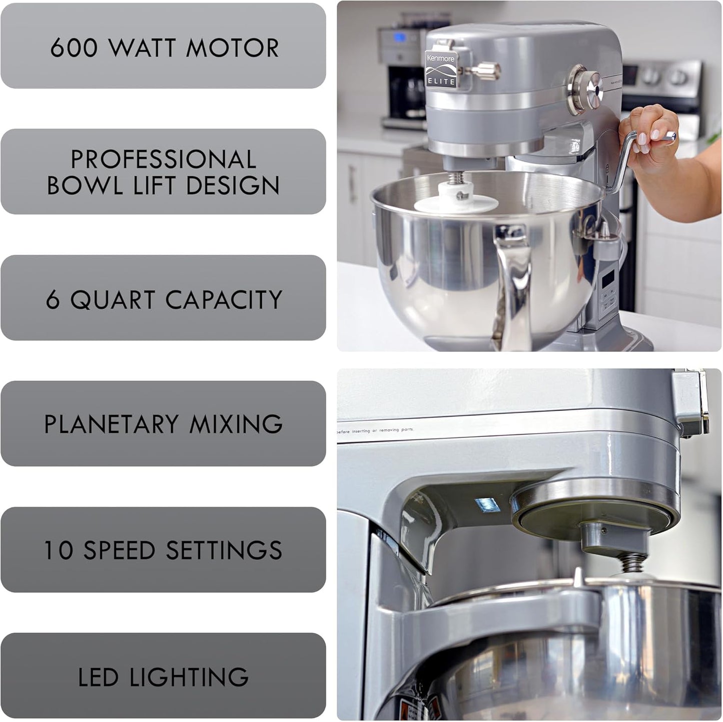 Kenmore Elite Heavy-Duty 6 Qt Bowl-Lift Stand Mixer, 600 Watts, with Flat Beater, Wire Whisk, Dough Hook, Stainless Steel Bowls, LED Light, Digital Countdown Timer, Metallic Grey