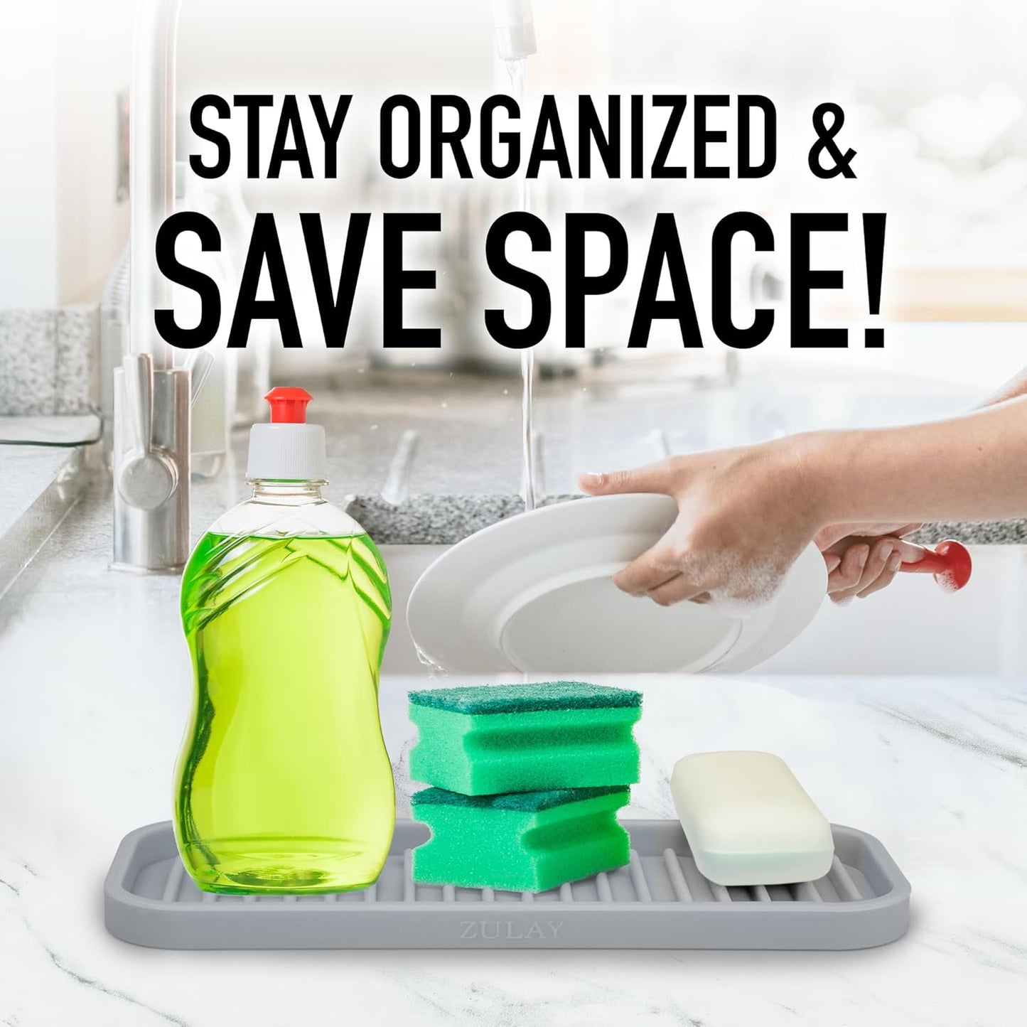 Zulay Kitchen (9x3.5) Silicone Sponge Holder for Kitchen Sink - Flexible Multipurpose Soap Tray - Sink Organizer for Kitchen, Bathroom, Makeup, Trinkets & More (Grey)