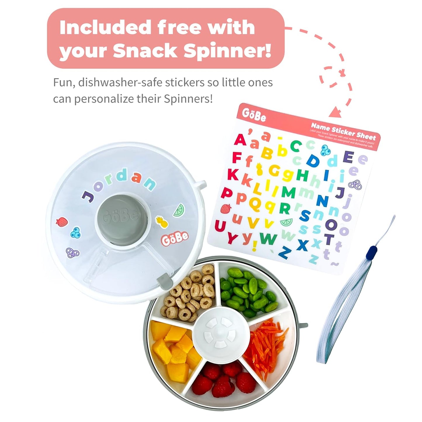 GoBe Kids Original Snack Spinner Bundle with Hand Strap and Sticker Sheet - Reusable Snack Container with 5 Compartment Dispenser and Lid | BPA and PVC Free | Dishwasher Safe | No Spill, Leakproof