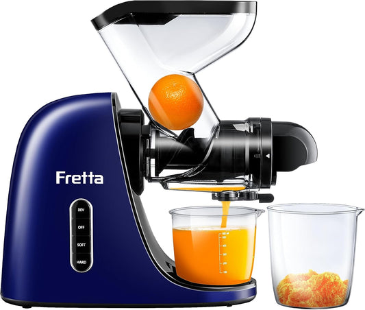 Slow Juicer Machines, Fretta Cold Press Juicers, Masticating Juicer Machine,Juice Extractor with 2-Speed Modes, Reverse Function & DC Quiet Motor, BPA-Free, Easy to Clean, 200W(Blue)
