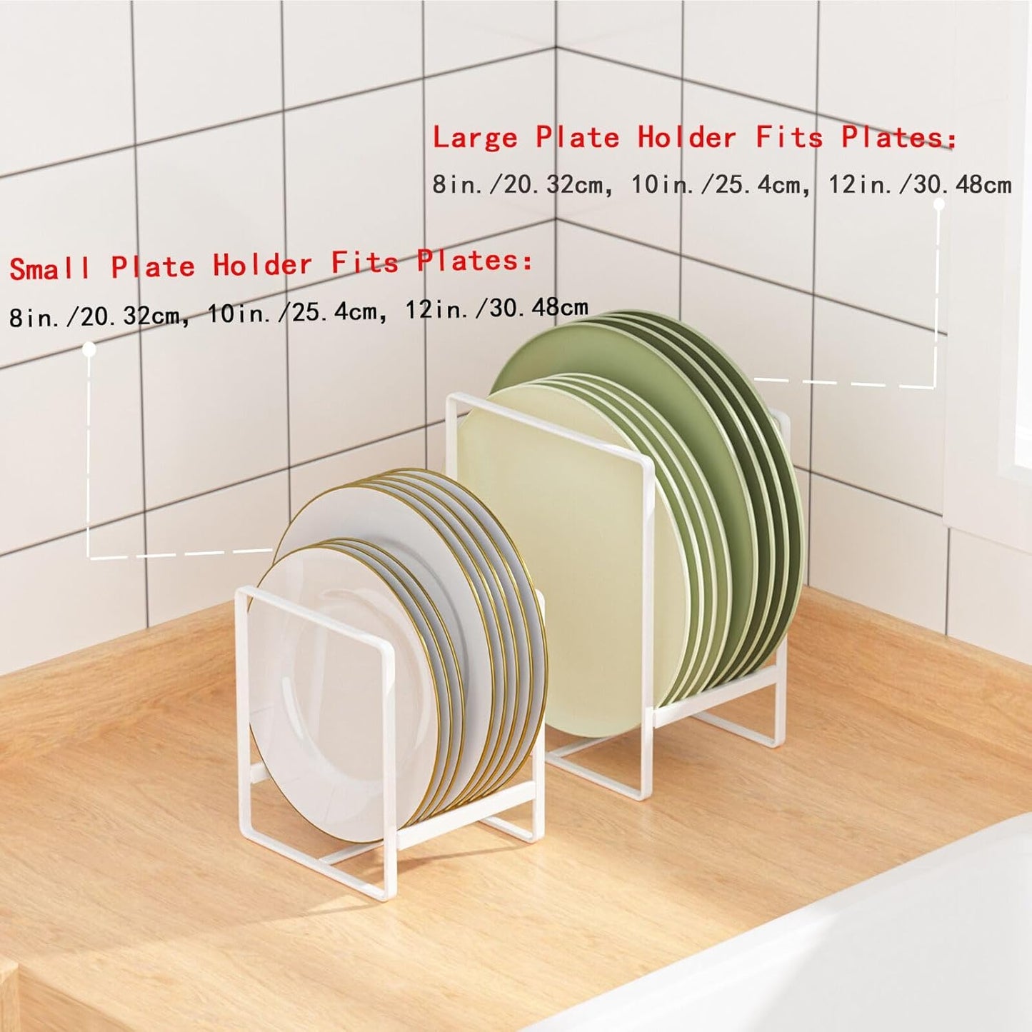 2 Large 1 Small Plate Organizers Holders Upright Cabinet Dish Drying Racks Metal Plate Dish Organizers Racks Stands for Countertop and Cupboard White