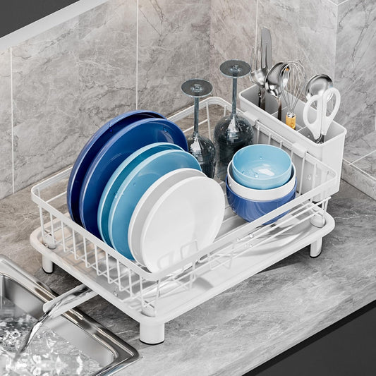 Dish Drying Rack, Space-Saving Dish Rack, Dish Racks for Kitchen Counter, Drying Rack Kitchen with Removable Utensil Holder, and Automatic Drainage Drainboard, 11''W x 15''L, White