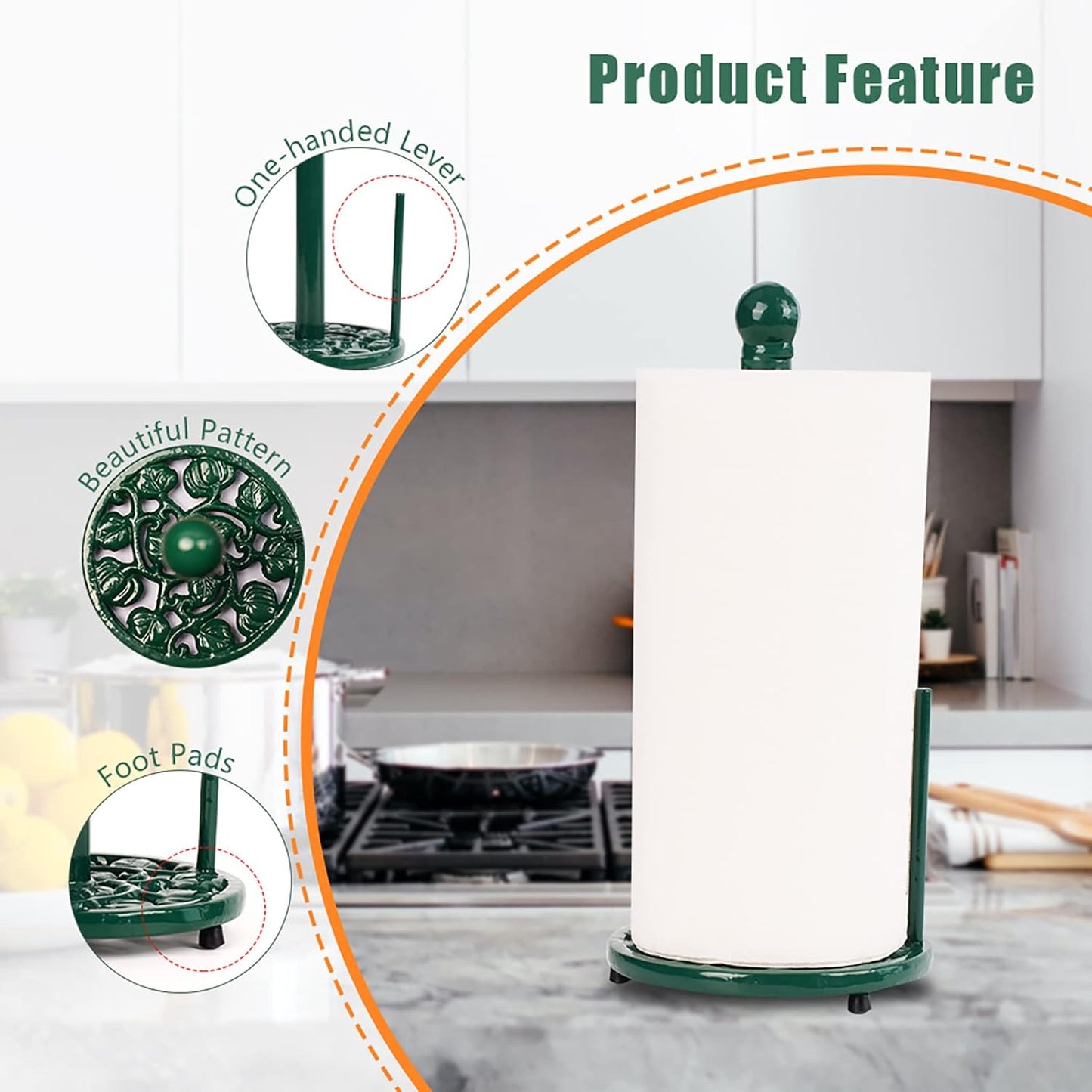 Cast Iron Paper Towel Holder, Vintage Chic Pumpkin Pattern Weighted Base Roll Paper Towel Holder Stand for Kitchen Bathroom Countertops, Green