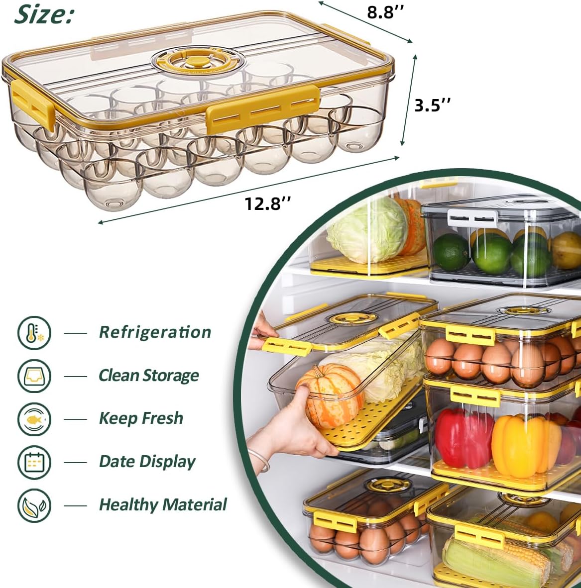 CottonColors Egg Holder for Fridge - 24 Egg Plastic Organizer with Lids (2 pack)