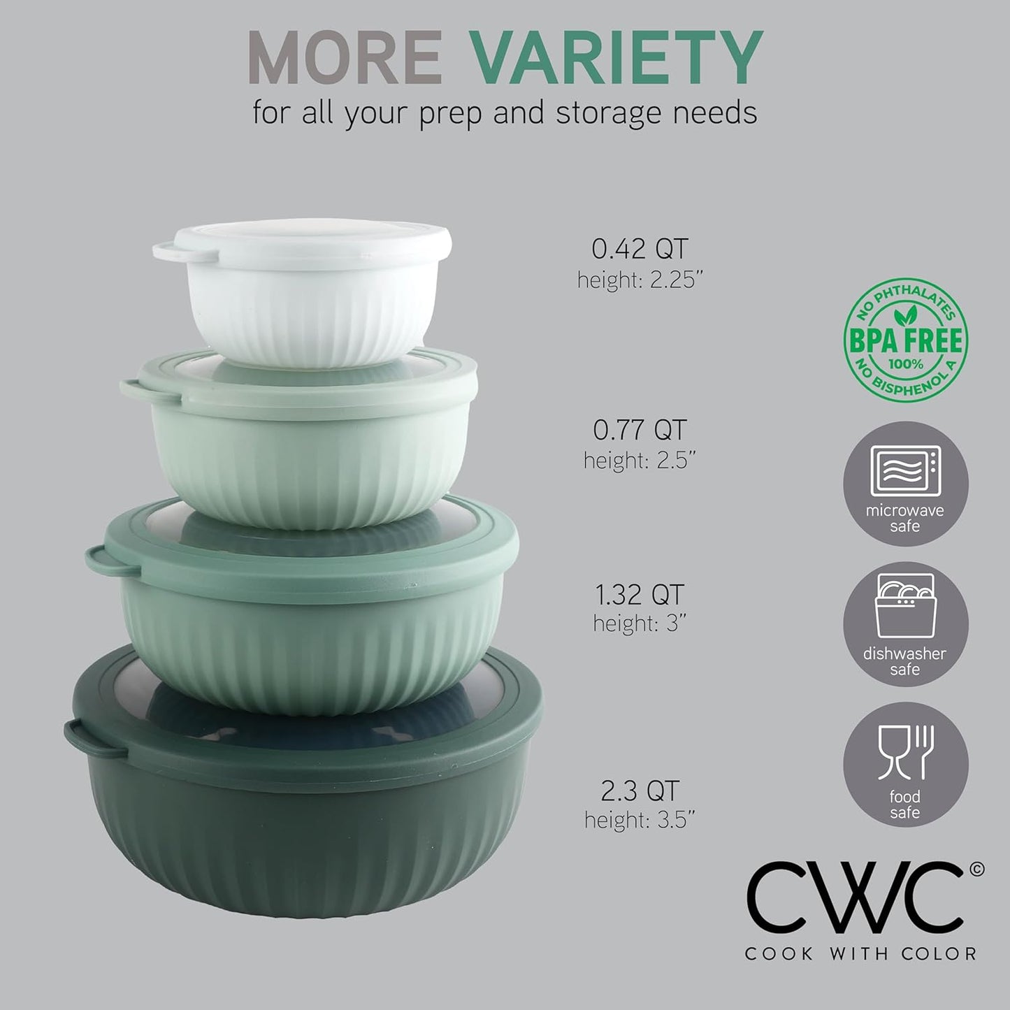 COOK WITH COLOR Prep Bowls with Lids- Wide and Deep Nesting Plastic Small Mixing Bowl Set with Lids, 8 Piece Set - Wide Bowls, Sage