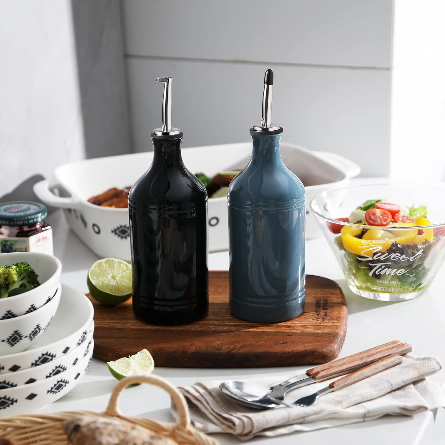 Sweejar Ceramic Olive Oil Dispenser Bottle, Opaque Oil Cruet Protects Oil to Reduce Oxidation, Suitable for Storage Oil, Vinegar, Coffee Syrups & Other Liquids, Pack of 1, 15.5 Fl Oz (Fog Blue)