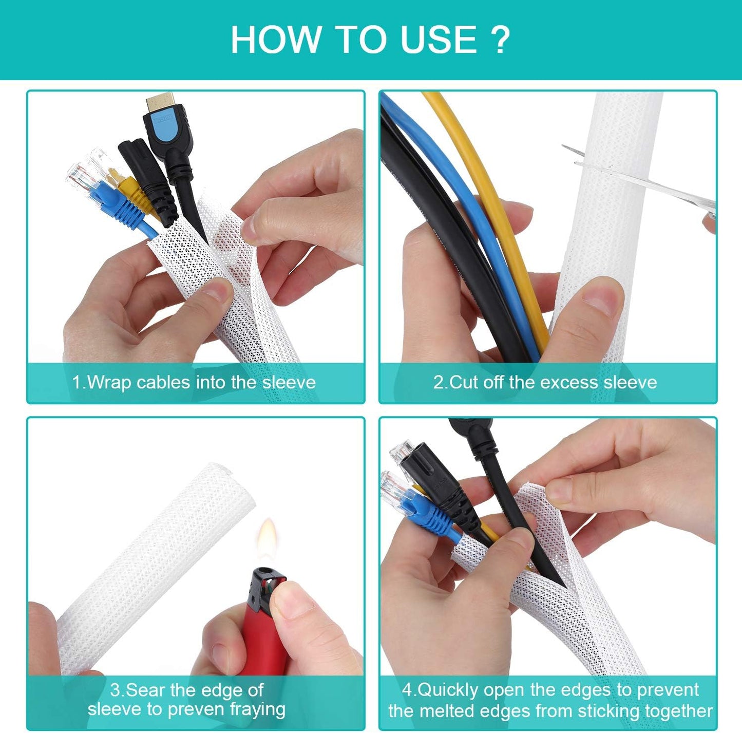 20ft - 4/5 inch White Cable Sleeve, Cable Organizer for Desk PC TV Computer, Wire Protector Cable Wrap Cover, Cord Management for Home Office