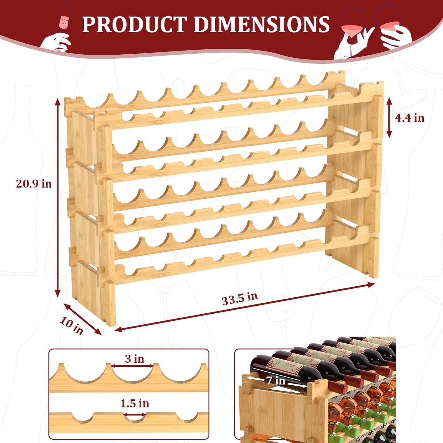 Domax Wine Rack Freestanding Floor - 36 Wine Bottle Holder, Large Stackable Wooden Storage Racks for Inside Cabinet and Countertop (Yellow)